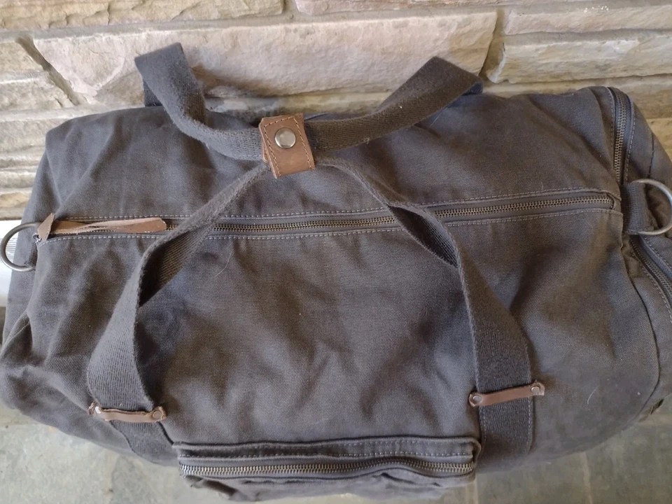Alternative Canvas Duffel Bag Army Green Leather Trim Pinstripe Interior - Image 2 of 4
