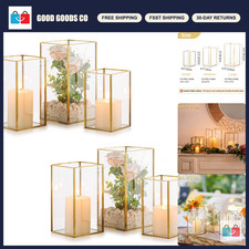 Set of 6 Gold Glass Hurricane Candle Holders - Large Rectangular Centerpieces fo