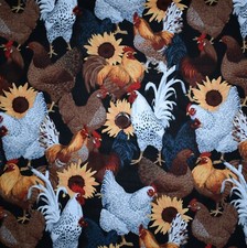 BonEFul FQ Cotton Quilt Black Brown White Chicken Feather Yellow Sun Flower Farm