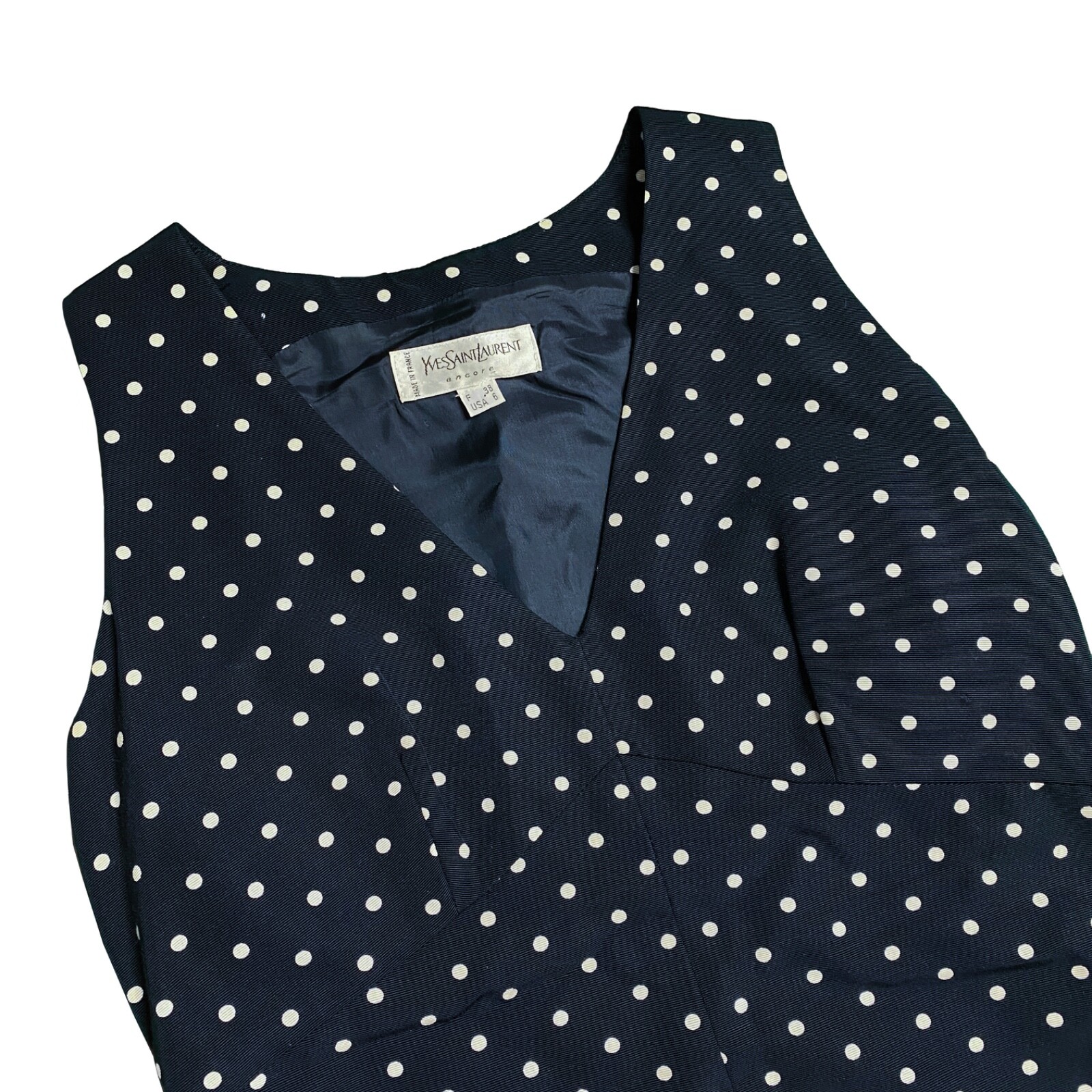 RARO scollo a V vintage anni 90 autentico Yves Saint Laurent Encore a pois senza maniche