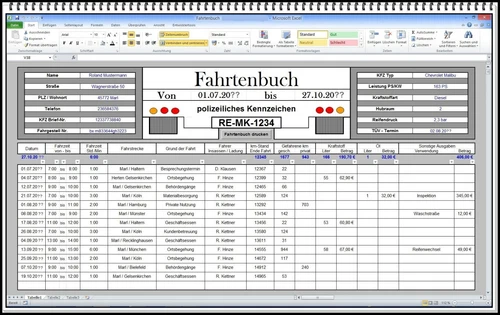 Digitales Fahrtenbuch excel APP Fahrten-Buch Formular MPU Dienstwagen DIN A4