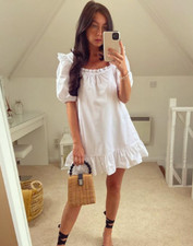 ZARA Summer Dress Short Ruffle Hem Poplin Cutwork Embroidery L White Cotton