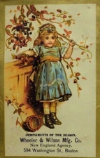 1870's-80's Wheeler & Wilson Mfg. Co. Sewing Adorable Girl Blue Dress P38