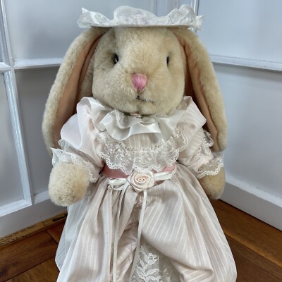 Plush Girl Easter Bunnies Wearing Cute Pink Dress By Anco Easter Spring |  eBay
