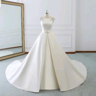 UK weiß elfenbein Braut Satin Perlen Ärmel A-Linie Brautkleider Größe 6-20