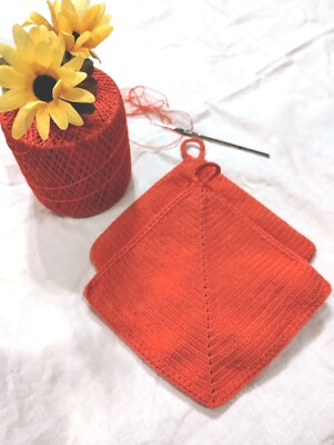 Handmade New Crochet Potholders Bright Coral/ Salmon 100% Cotton Set 2