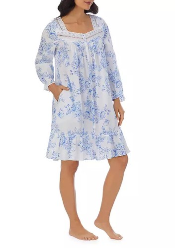 Neu mit Etikett $ 76 Eileen West ROSALIE weiß/blau Langarm BAUMWOLLE RASEN Nachthemd Morgenmantel S