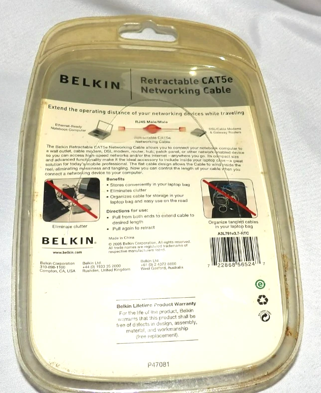 BELKIN Retractable CAT5e Networking Cable 3.6ft NEW in PKG - Изображение 2 из 2