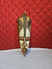 GHANA AFRICAN TRIBAL MASK WOOD CARVED HAMMERED METAL OVERLAY VINTAGE