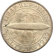 1930 D Germany Weimar Republic 3 Reichsmark Zeppelin, Uncirculated BU, Toned