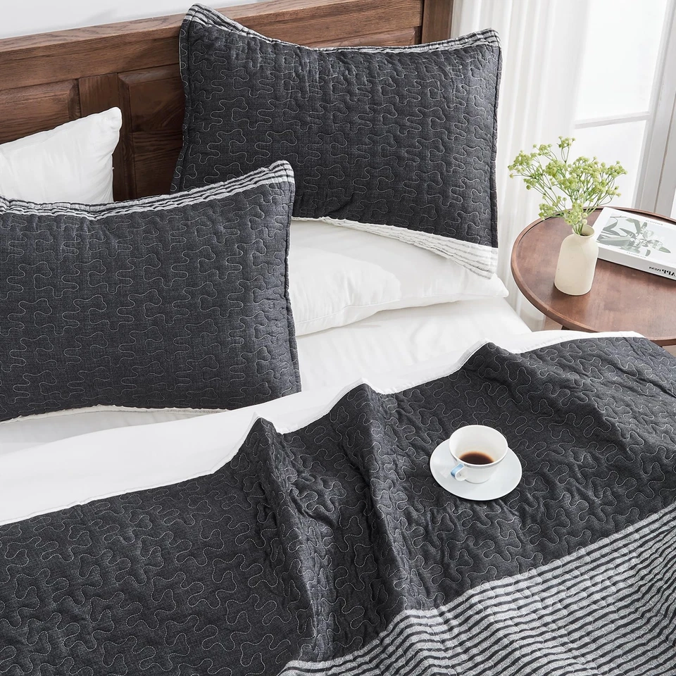 Juego de Edredón Andency King Size Blanco y Negro, 3 Piezas Gris Ultra Suave Foto 3 de 4