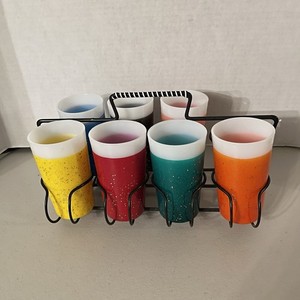 Vintage Fire King Glamalite Milk Glass Tumblers With Carrier MCM Set Of 7