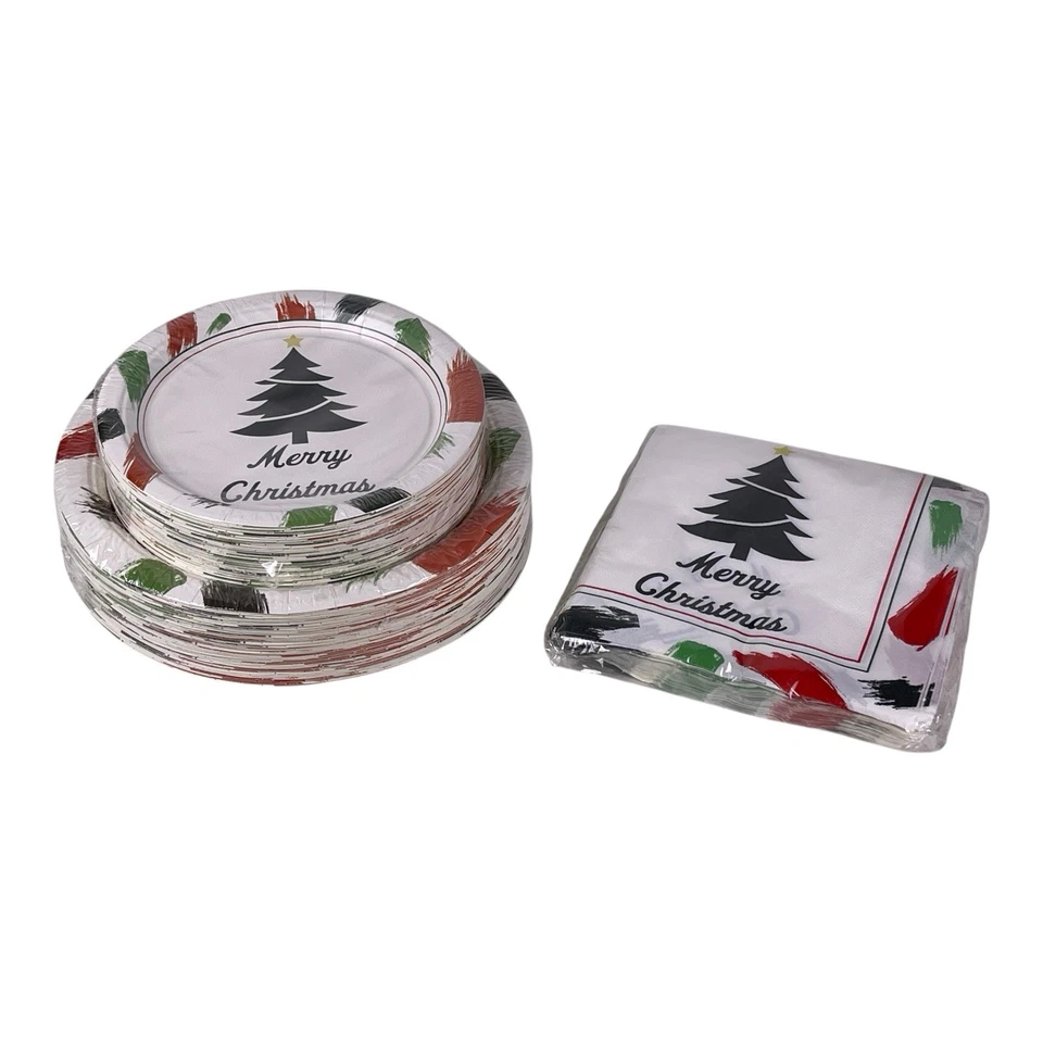 NEW Christmas Tree Paper Plates & Napkins Set Holiday Party Tableware 150pc - Image 2 of 4