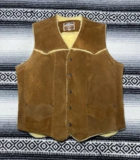 VTG Leather Western Vest Pioneer Wear Men’s 44 Brown 80s Snap Sherpa Lined READ