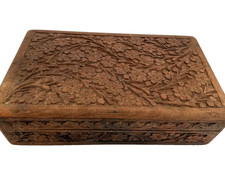 Vintage Hand Carved Wooden Jewelry Trinket Box Floral Design India Blue Lined