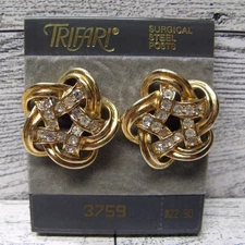 Trifari Earrings Twist Knot Braid Clear Crystal Gold Tone Post New On Card