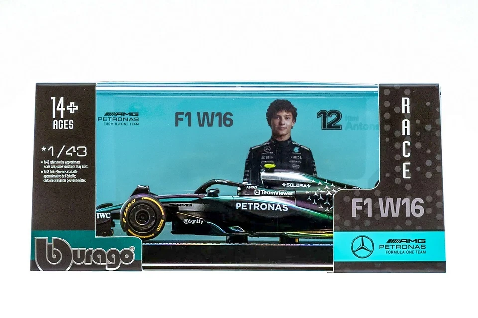 Modellino Kimi Antonelli Mercedes W16 F1 2025 1/43 Burago + pilota + vetrina - Image 2 of 2