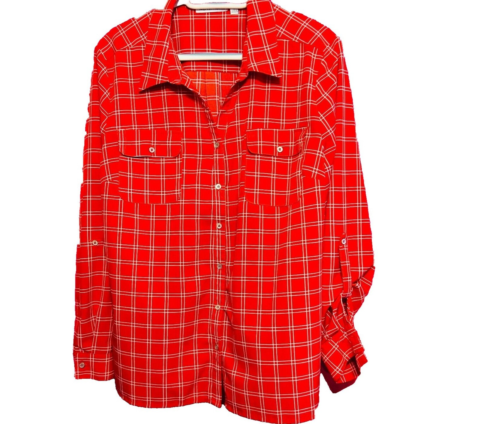 #8723 Notations Button Down Red PLAD Prints Blous… - image 1
