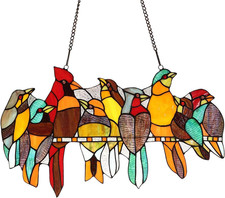 Tropical Birds Tiffany Style Stained Glass Window Panel - 22" x 13