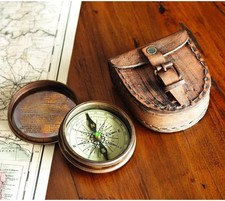 Wind  Weather Antiqued Brass Poem Compass with Leather Case Brown