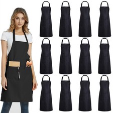 12 Pack Plain Bib Aprons With 2 Pockets Black Unisex Commercial Apron Bulk For K