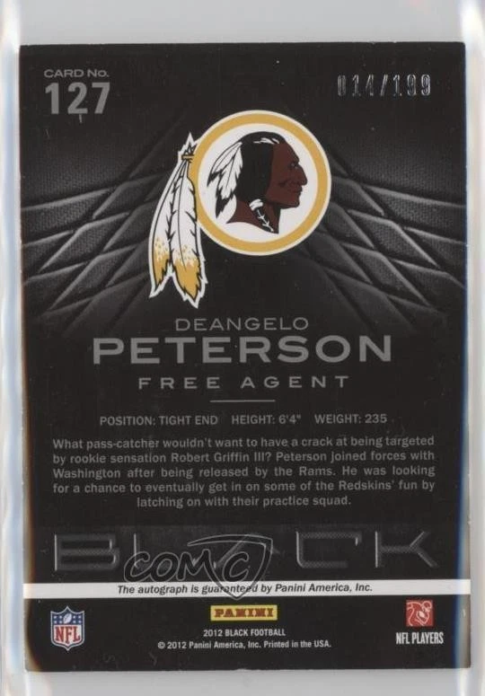 2012 Panini Black Rookie Signatures /199 Deangelo Peterson #127 Rookie Auto RC - Image 2 of 2