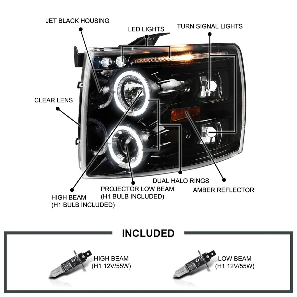 Fits 2007-2014 Chevy Silverado 1500 Black Projector Headlights+LED Tail Lamps - Image 3 of 4