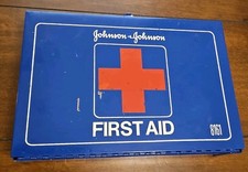 Johnson & Johnson 8161 Wall Mount First Aid Kit Metal Vintage w Contents Blue