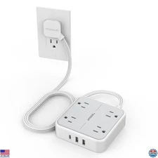 Flat Extension Cord 5Ft Surge Protector, 4 Outlets & 3 USB Ports, 900J