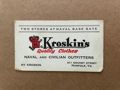 Vintage KROSKIN'S CLOTHES Naval & Civilian Outfitters Business Card Norfolk VA
