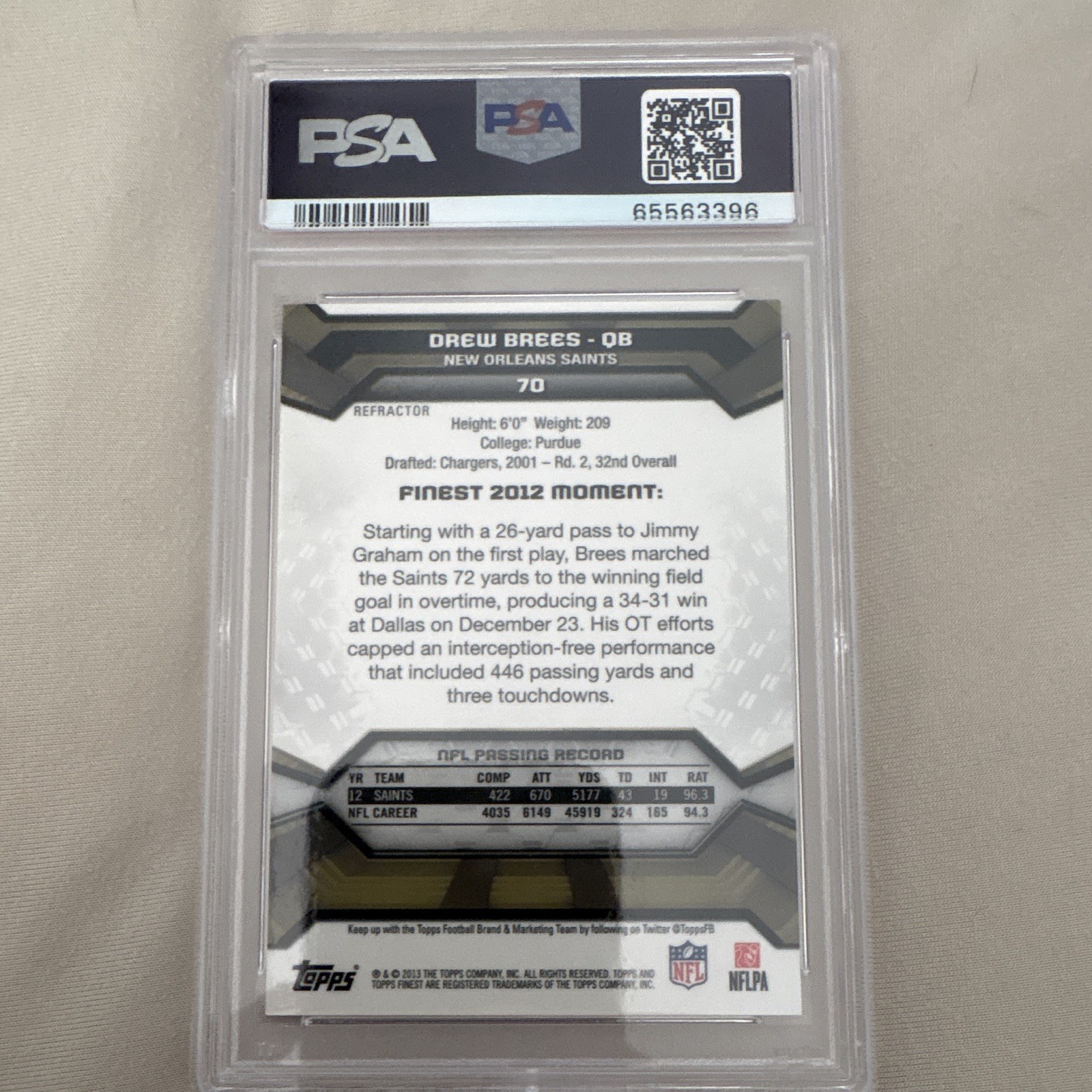 Topps 2013 Finest Drew Brees #70 Gold Refractor /75 PSA 9 New Orleans Saints view 4