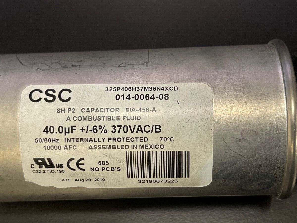 CSC 325P406H37M36A4XSN 40.0UF +/-6% 370V AC/B Run Capacitor CSC 325P406H37M36A4XSN 40.0UF +/-6% 370V AC/B Run Capacitor