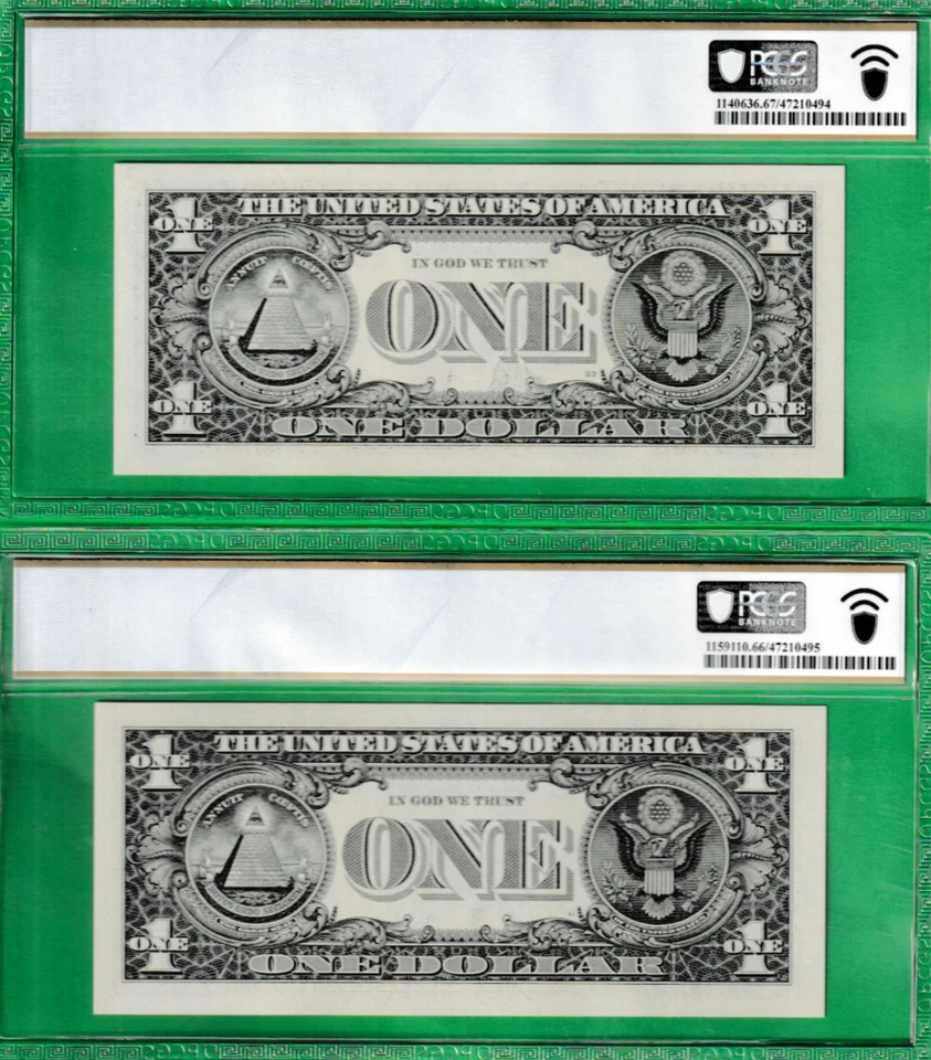 $1 Federal Reserve Notes MATCHING FANCY Serial Numbers 66666682 PCGS 67 - Image 2 of 2