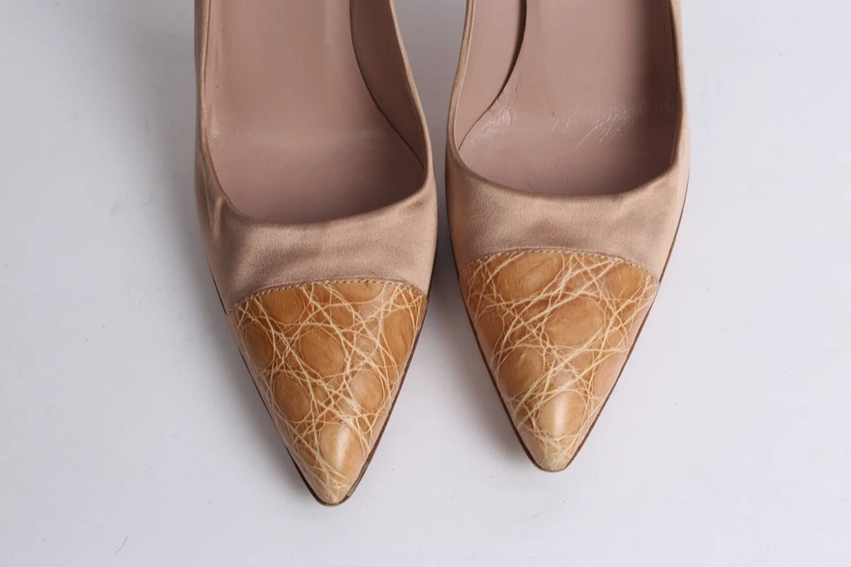 PRADA Bronze Satin Croco Snake Print Leather Cap Pointed Toe Pumps Size 37.5 - Image 4 of 4