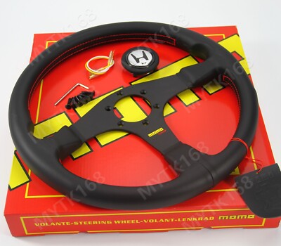 MOMO Tuner New Style Black Leather Drift Sport Steering Wheel For H logo button