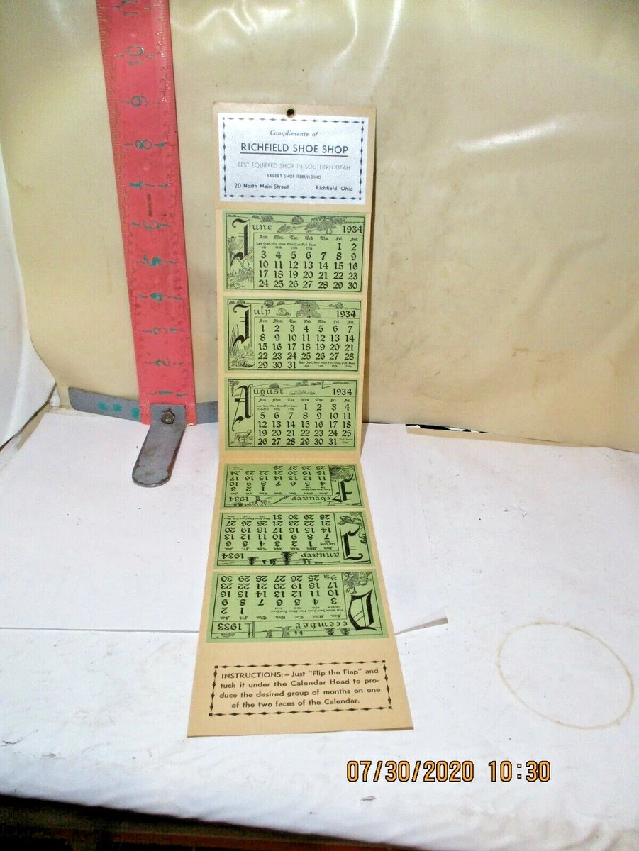 RICHFIELD SHOE SHOP CALENDAR FOR 1933/1934 - RICHFIELD OHIO OR UTAH! | eBay