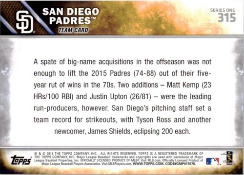 2016 Topps #315 San Diego Padres Team Card - Picture 2 of 2