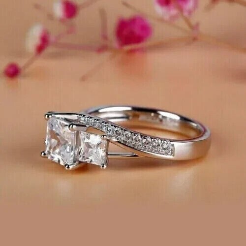 2.30Ct Princess Cut Simulated Three Stone Wedding Ring In 14K White Gold Plated - Picture 2 of 5