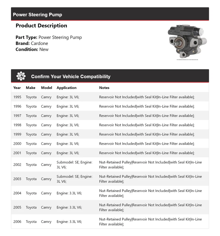 Bomba de dirección asistida Cardone para Toyota Camry 1995-2006 1996 1997 1998 1999 2000 Foto 2 de 4