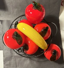 Vintage Hand Blown Glass Fruit and Vegetables Lot 7 Pcs WITH BASKET