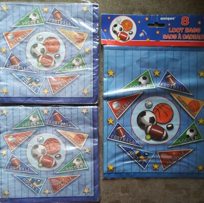Unique: 2 Pkgs Blue Sports Balls & Pennants Luncheon Napkins & Loot Bags NIP