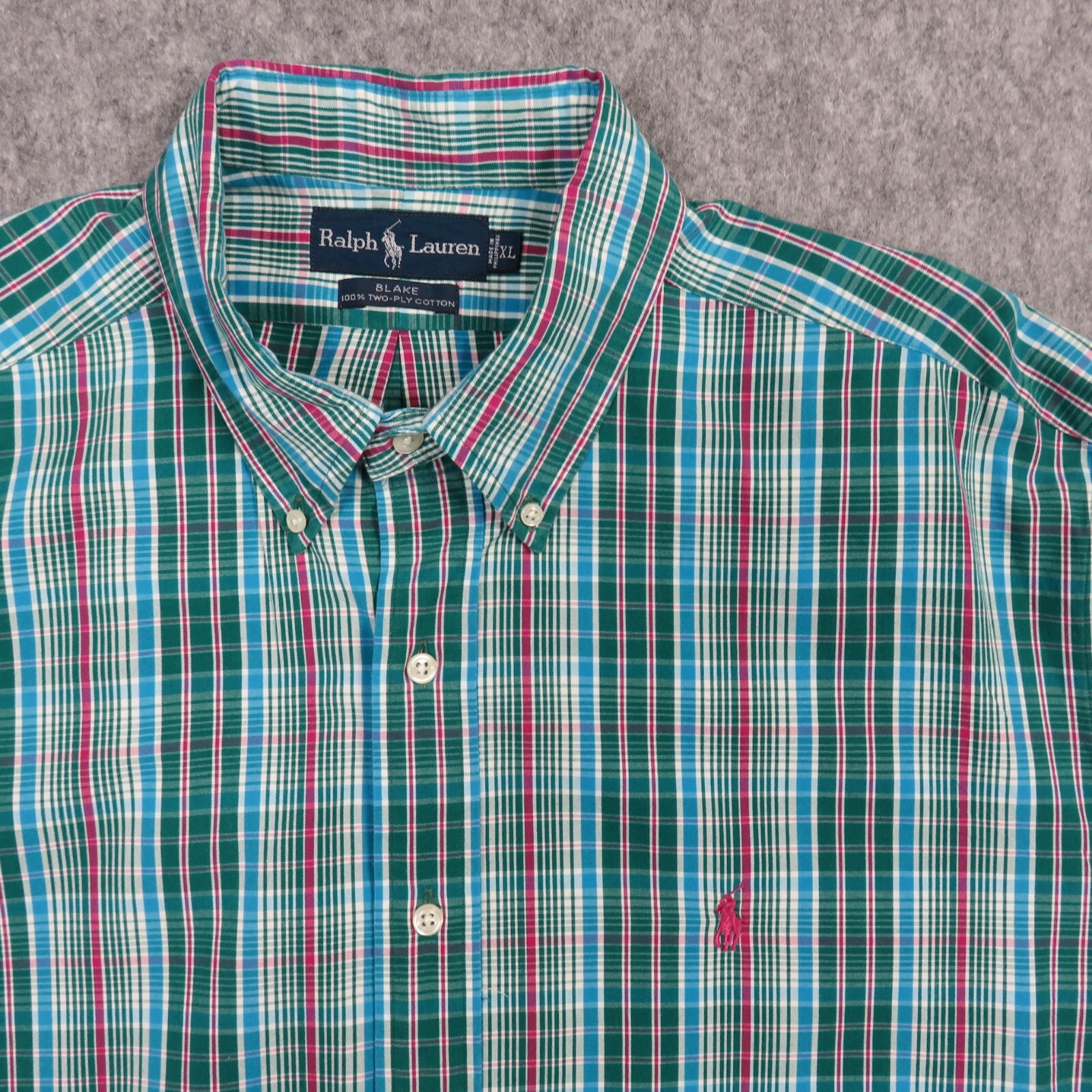 Ralph Lauren Blake Camicia Uomo XL Verde Madras Plaid Classico Retrò Viola Pony