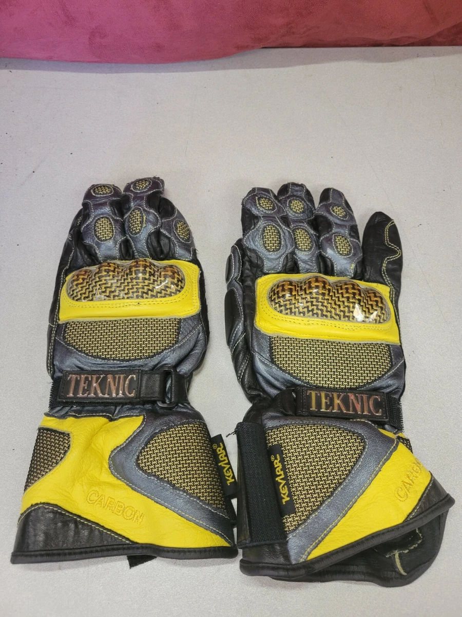 Teknic Leather Motorcycle Racing Gloves Carbon Fiber Yellow Black