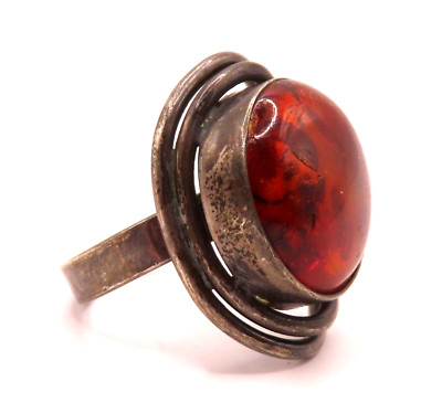 Exklusiver Designer Ring 800 Silber Bernstein Vintage 70s Modernist edel *F RG52
