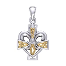 Fleur de Lis Cross 925 Sterling Silver Pendant Fine Symbolic Jewelry Gold Accent