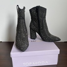 NEW Alias Women's Rhinestone Black Denim BLING Western Block Heel BLING Boot 7.5