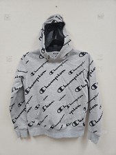 Champion Hoodie Youth Medium Sweatshirt Pullover Gray Black All Over Logo Print