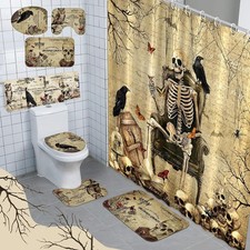 8 Pcs Gothic Shower Curtain Set Bathroom Vintage Skeleton Towels Skull Rugs