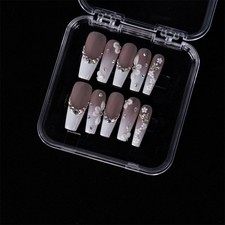 10pcs Nude Brown Rectangular Nails 3D Diamond Flower French Luxury