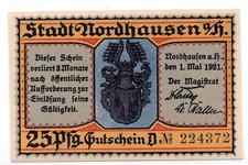 1921 Germany Nordhausen Notgeld 25 Pfennig Note (2678)